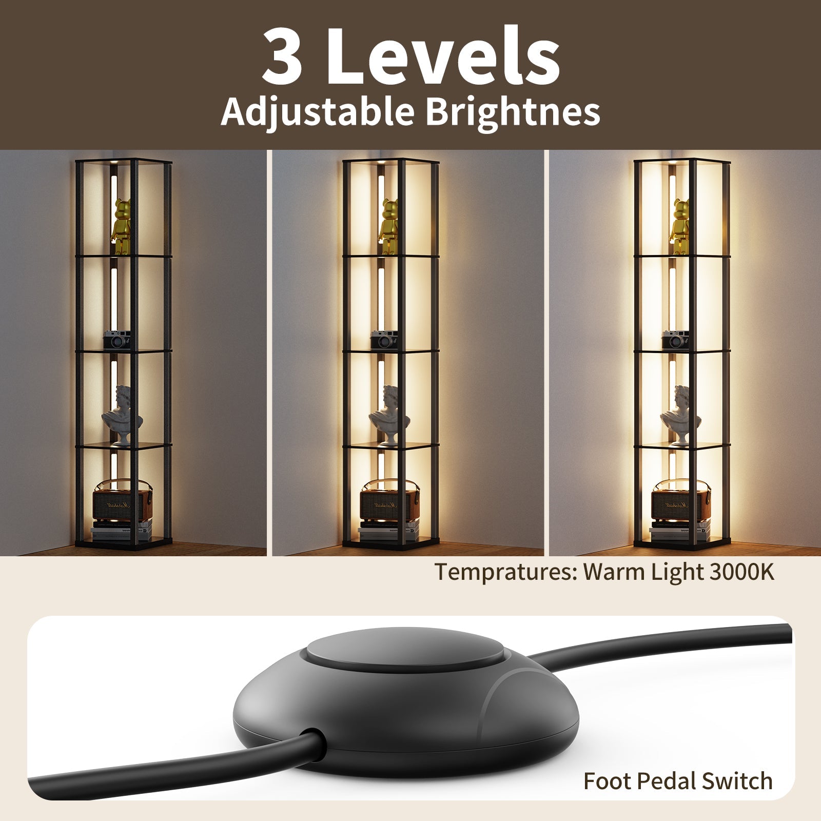 BESTY HOME Floor Lamp with Shelves as Corner Lamp for Living Room with Shelf Real Solid Wood with Lamp (Square, Dark Brown) Besty Home