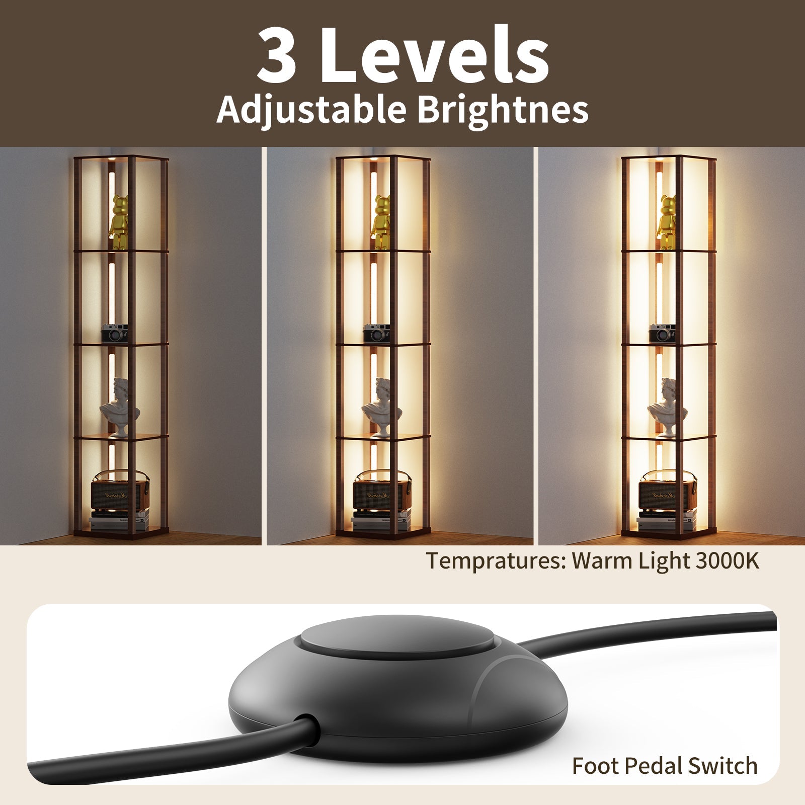 BESTY HOME Floor Lamp with Shelves as Corner Lamp for Living Room with Shelf Real Solid Wood with Lamp (Square, Dark Brown) Besty Home
