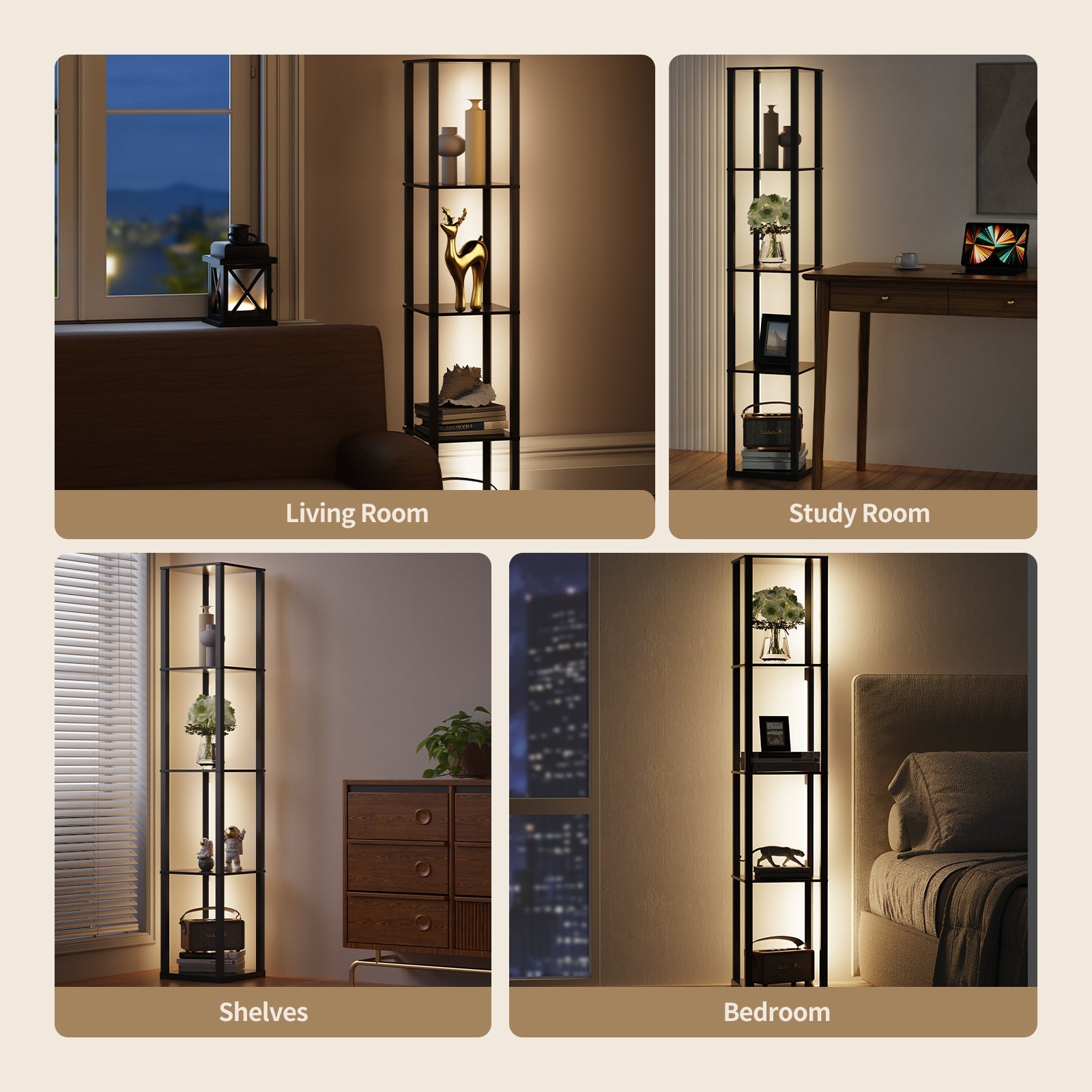 BESTY HOME Floor Lamp with Shelves as Corner Lamp for Living Room with Shelf Real Solid Wood with Lamp (Square, Dark Brown) Besty Home