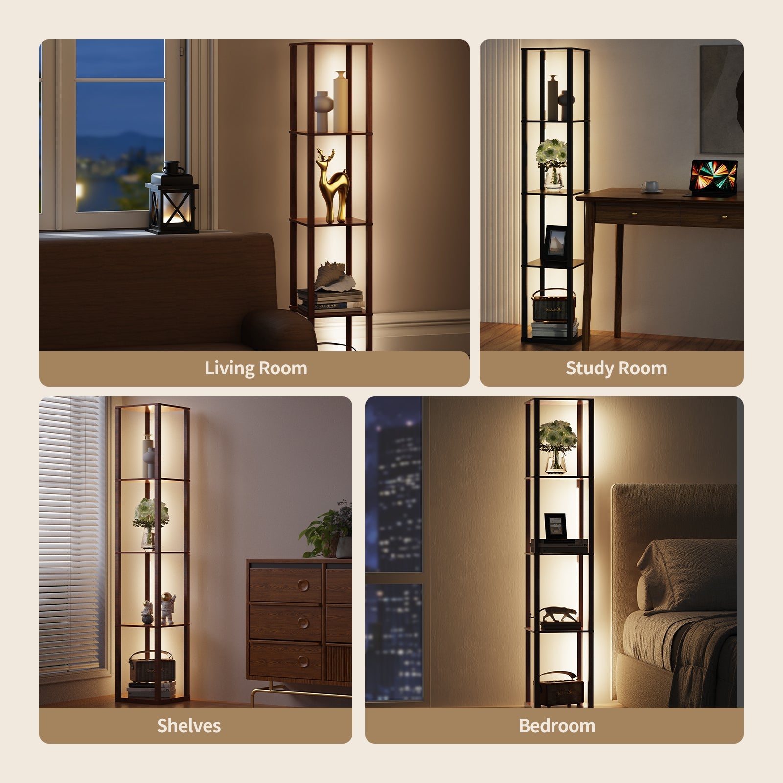 BESTY HOME Floor Lamp with Shelves as Corner Lamp for Living Room with Shelf Real Solid Wood with Lamp (Square, Dark Brown) Besty Home