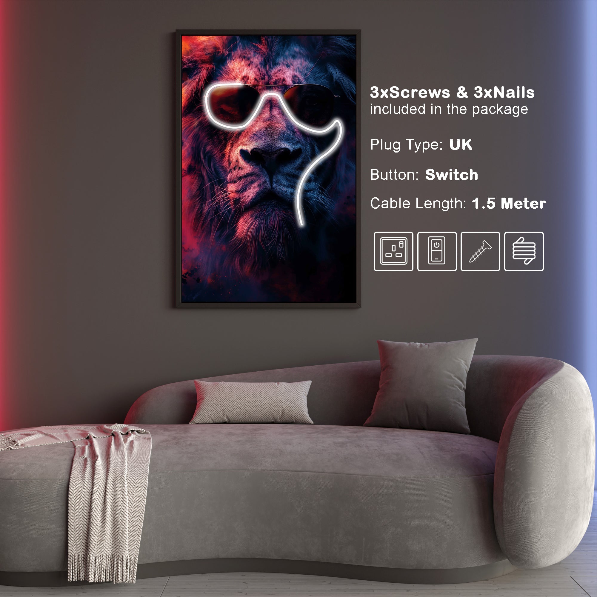 Wall Artwork Lion Sunglasses on with LED - DG262 Besty Home
