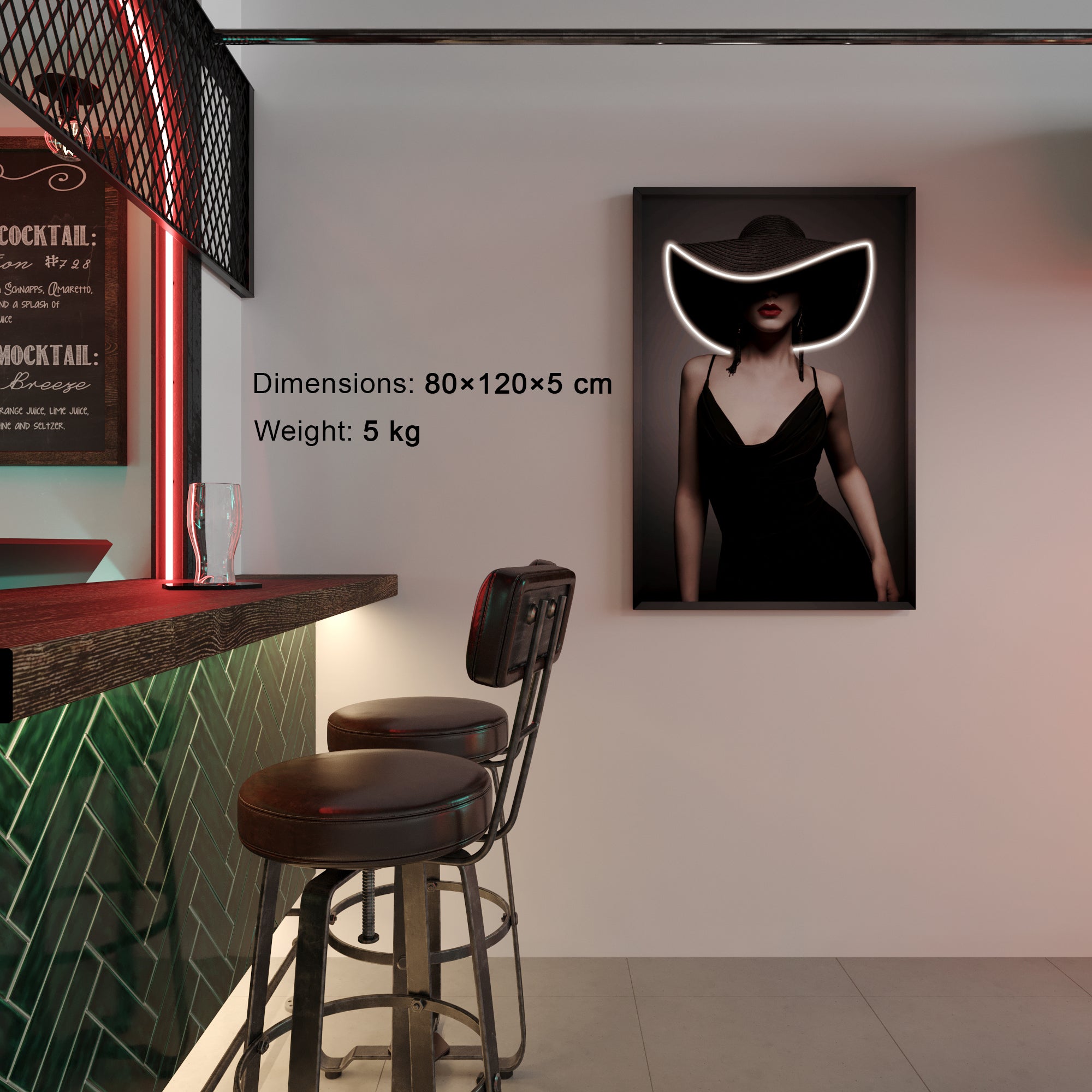 عمل فني على الحائط سيدة راقية مع قبعة سوداء مع LED - DG003 (80 × 120 سم)