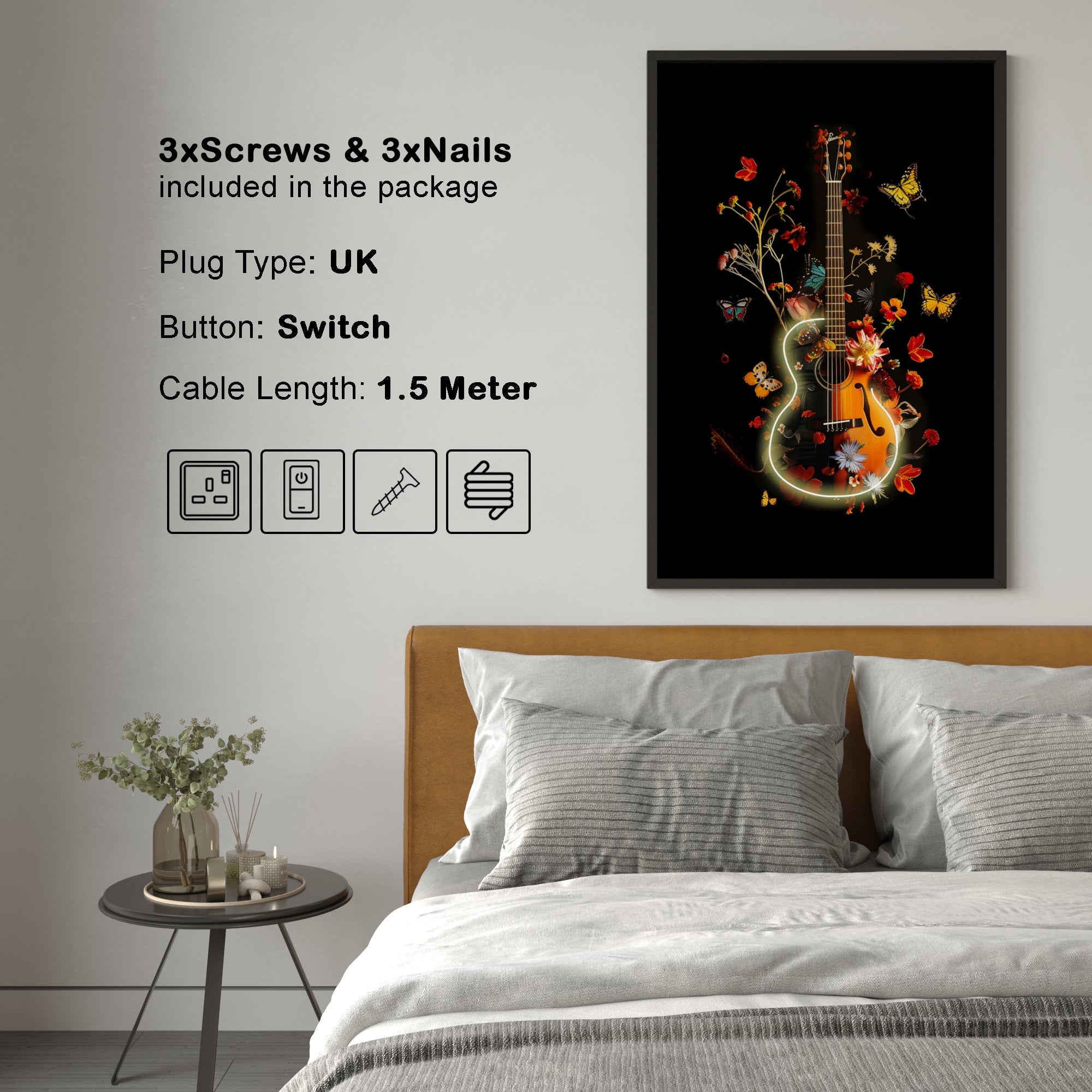 Wall Artwork Rising Flower Guitar with LED - DG330 Besty Home