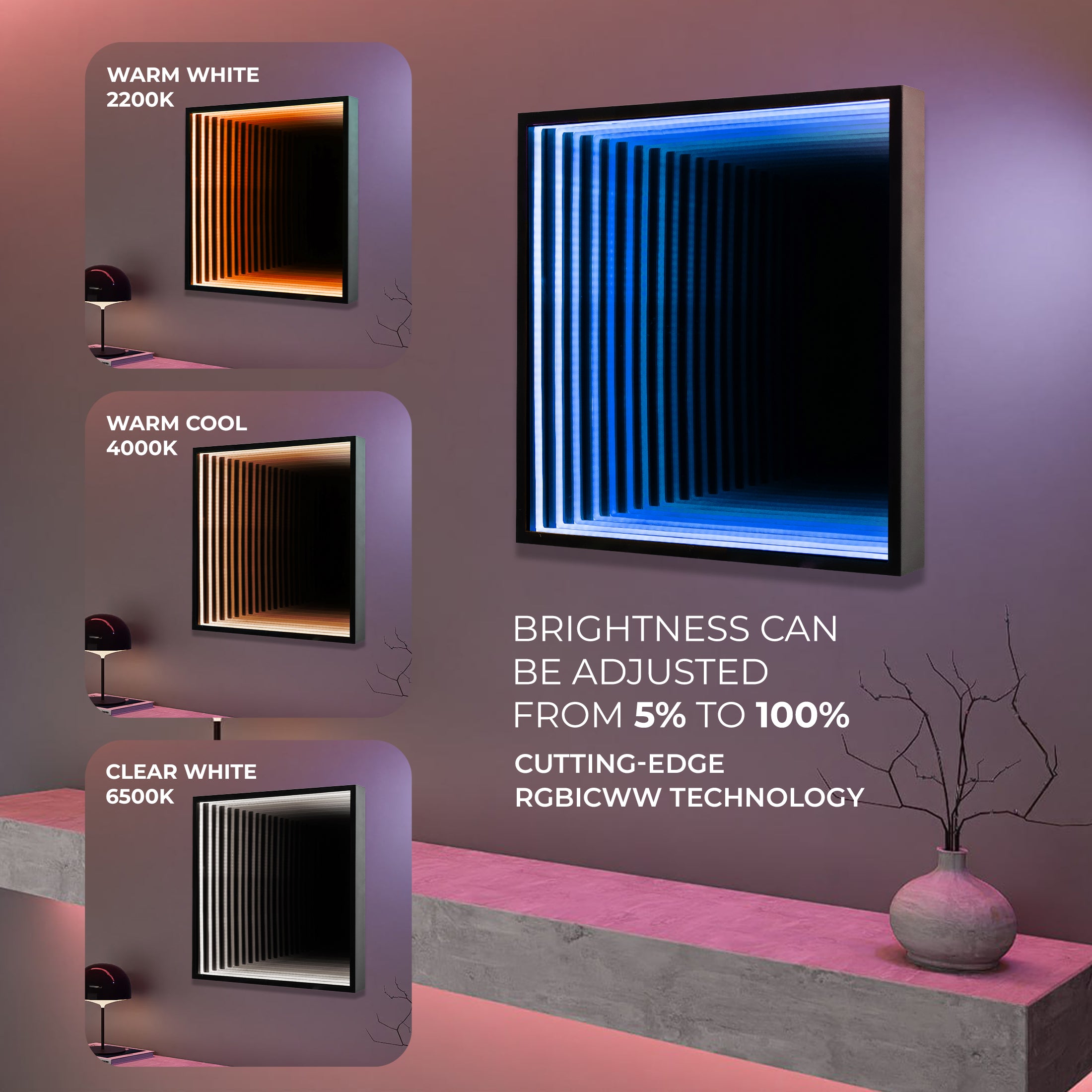 Smart Infinity Wall Mirror Portal Illusion RGB Wall Decor (Square)