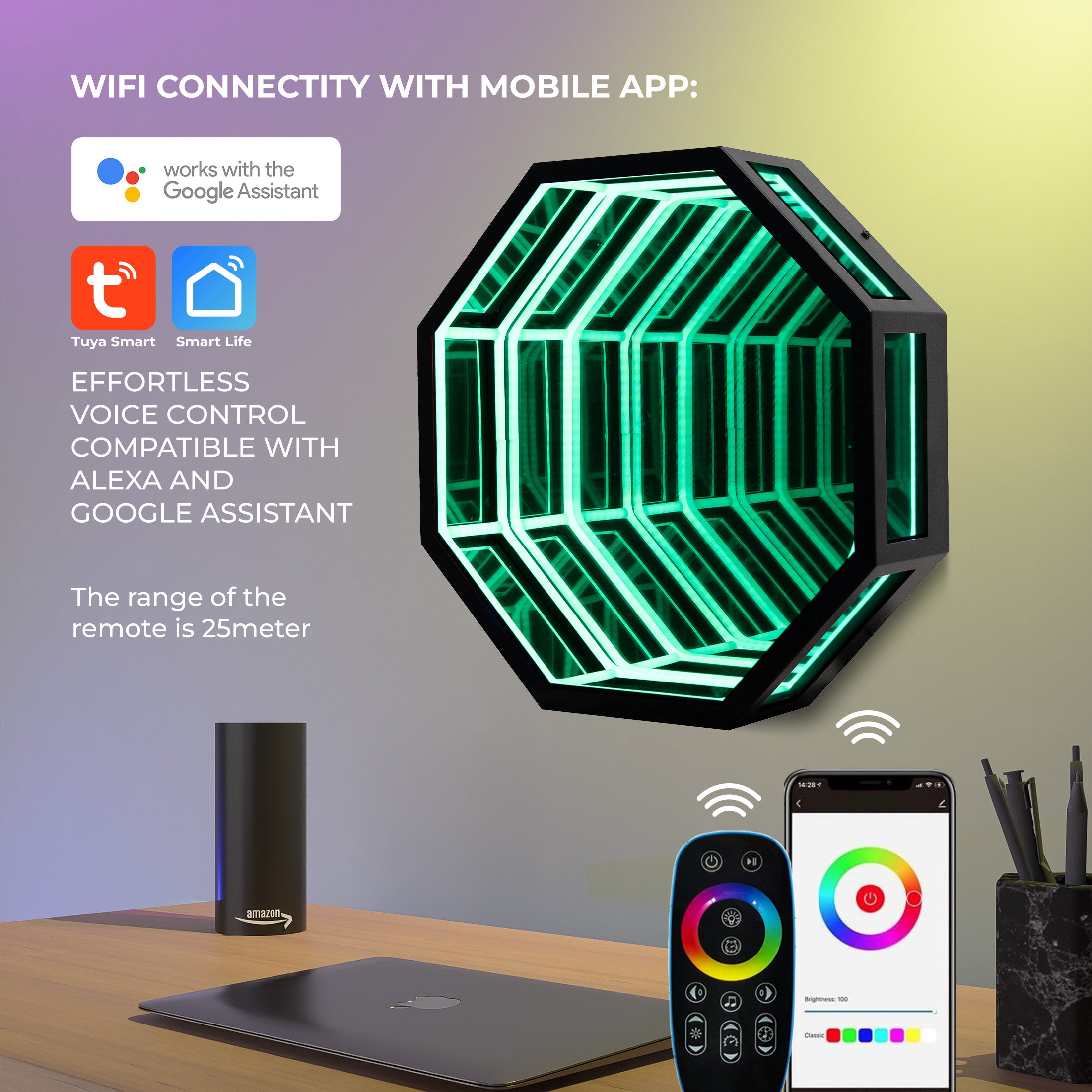 Smart Infinity Wall Mirror Portal Illusion RGB Wall Decor (Octagon)