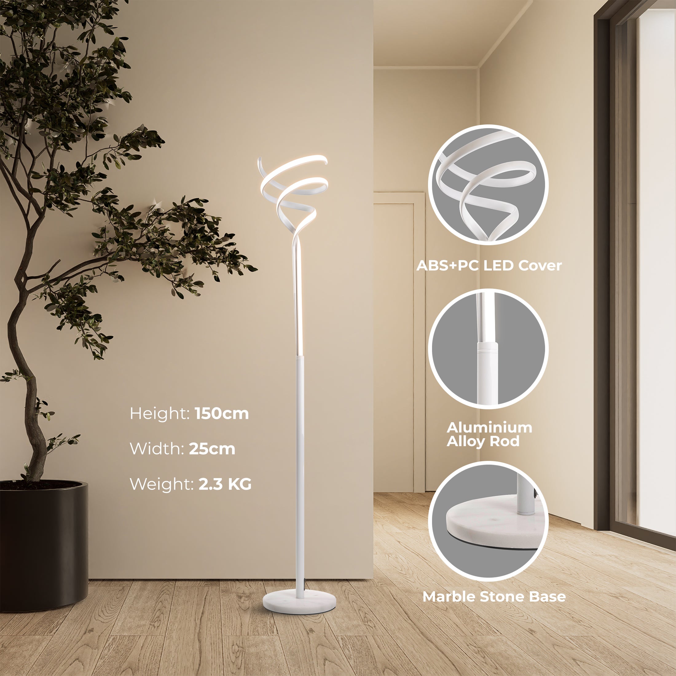 BESTY HOME Modern Floor Lamp Dimmable 150cm Twisted LED with Remote Control for Living Room