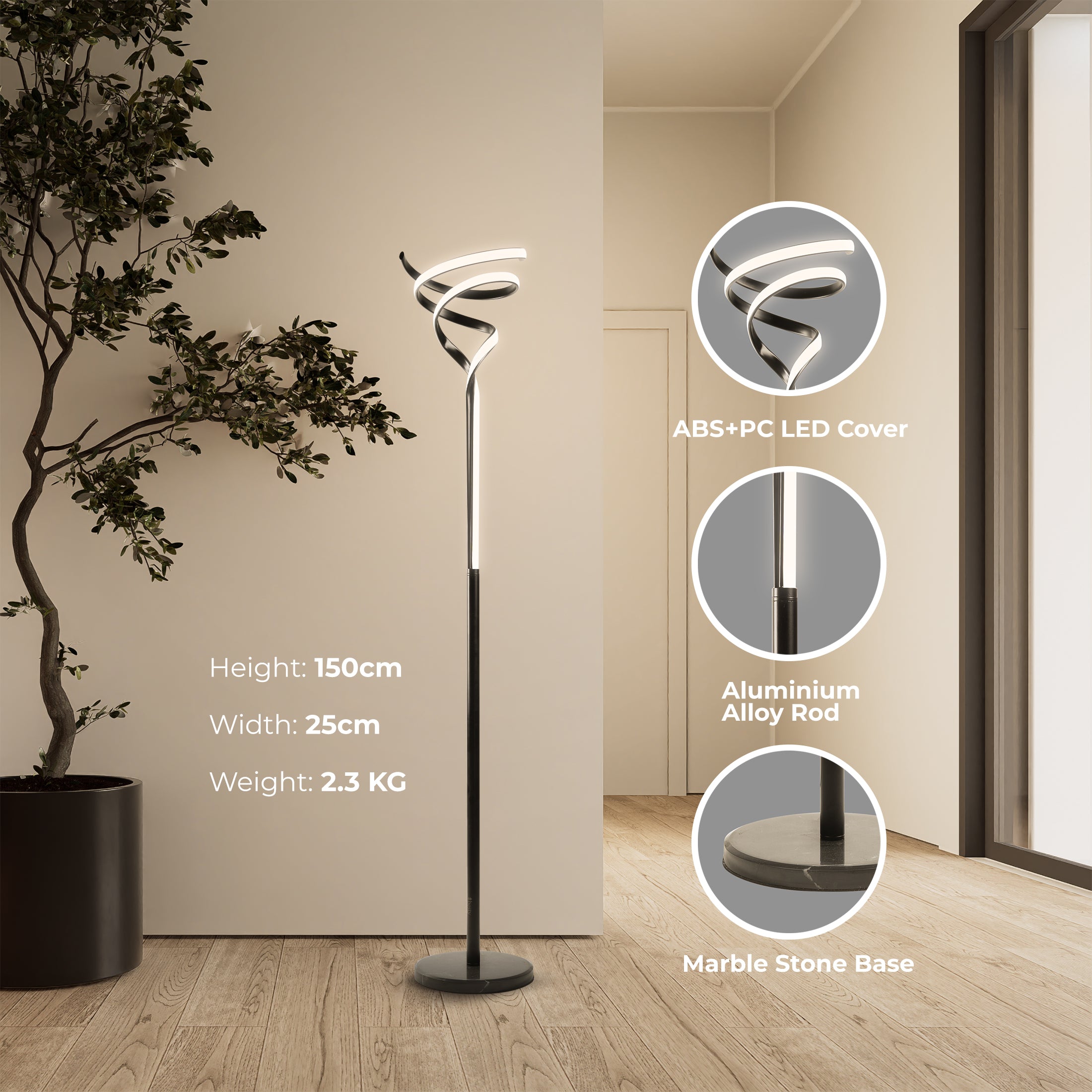 BESTY HOME Modern Floor Lamp Dimmable 150cm Twisted LED with Remote Control for Living Room