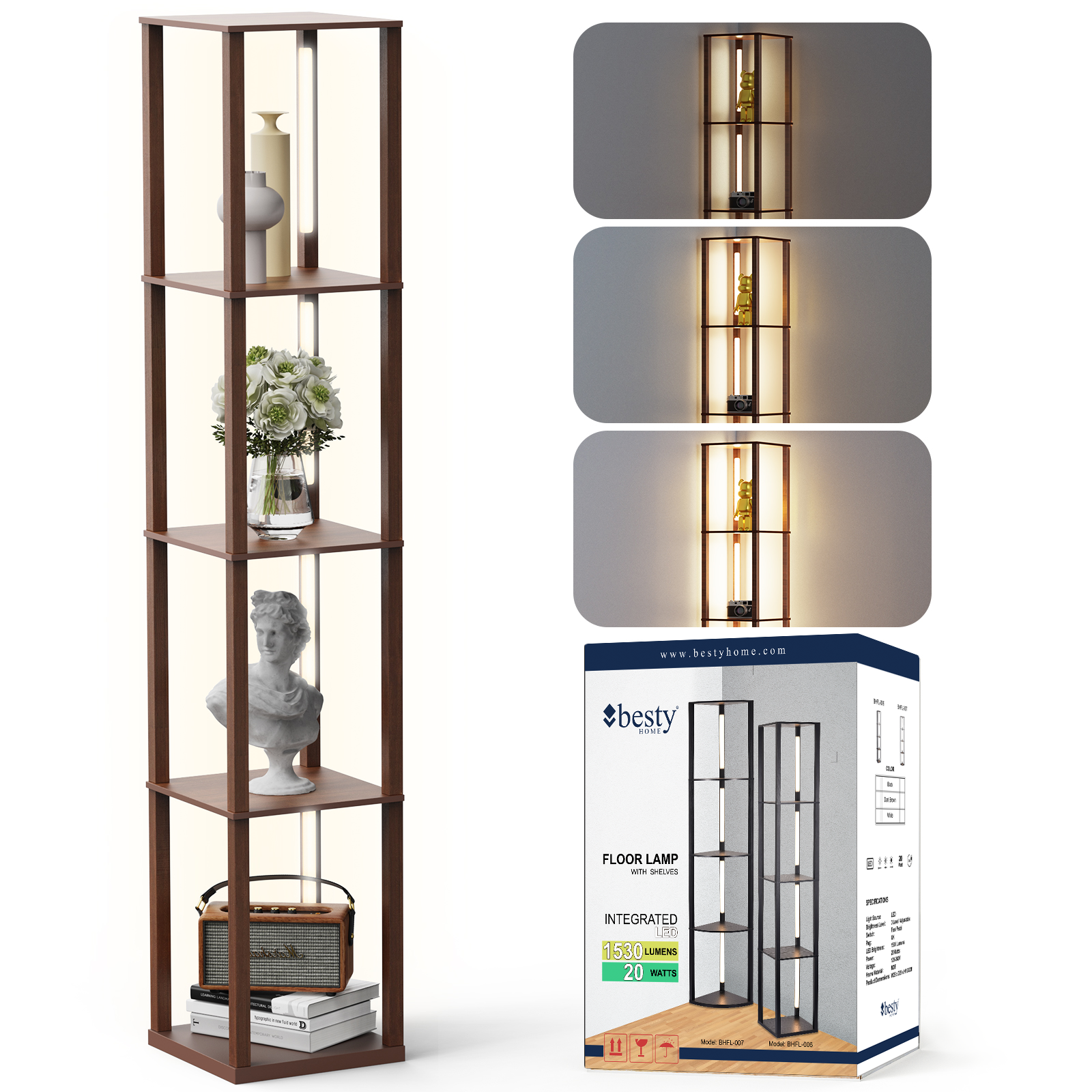 BESTY HOME Floor Lamp with Shelves as Corner Lamp for Living Room with Shelf Real Solid Wood with Lamp (Square, Dark Brown) Besty Home