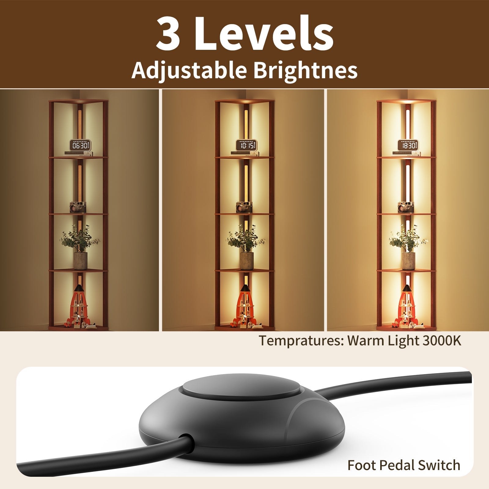 BESTY HOME Floor Lamp with Shelves as Corner Lamp for Living Room with Shelf Real Solid Wood with Lamp (Quadrant, Dark Brown) Besty Home