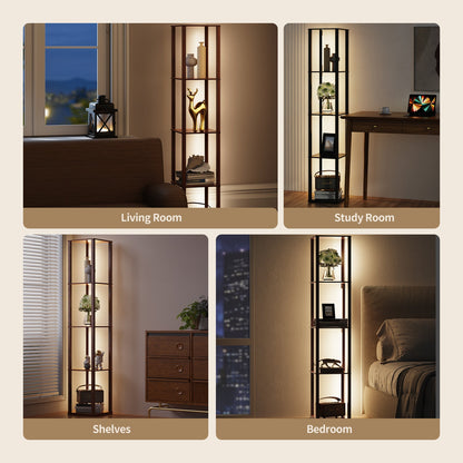 BESTY HOME Floor Lamp with Shelves as Corner Lamp for Living Room with Shelf Real Solid Wood with Lamp (Square, Dark Brown) Besty Home